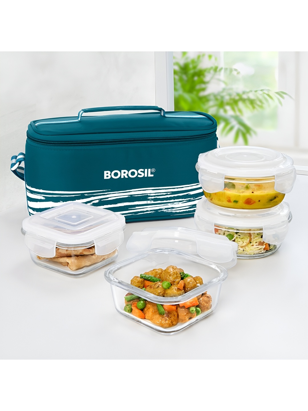 

BOROSIL 4 Pieces Teal Blue & Transparent Glass Lunch Box With Bag