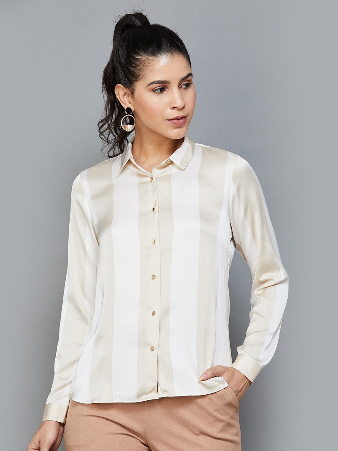 

CODE by Lifestyle Striped Bell Sleeve Shirt Style Top, Beige