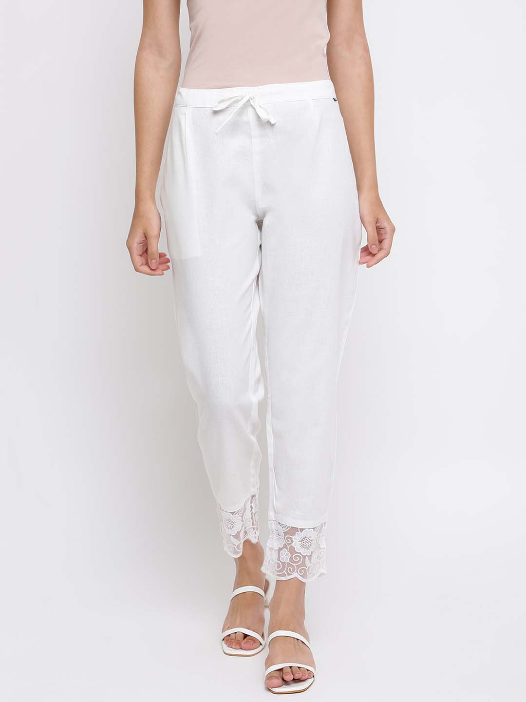 

INDIAN KNOTS Women Laced Pure Cotton Trouser, Off white