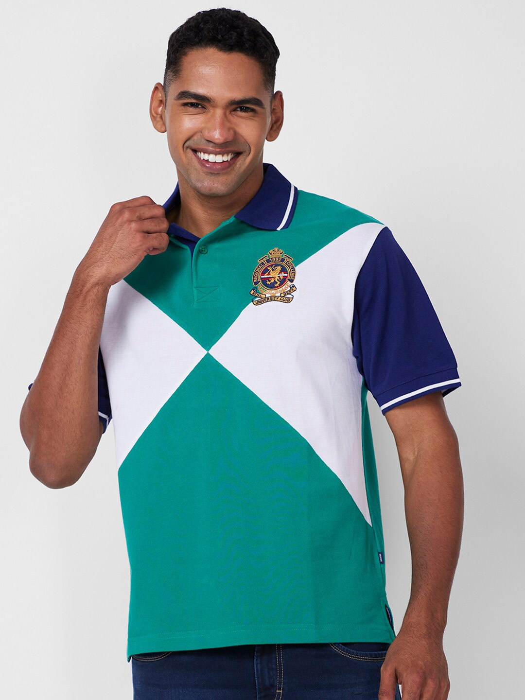 

CELSIUS Colourblocked Regular Fit Polo Collar T-shirt, Green