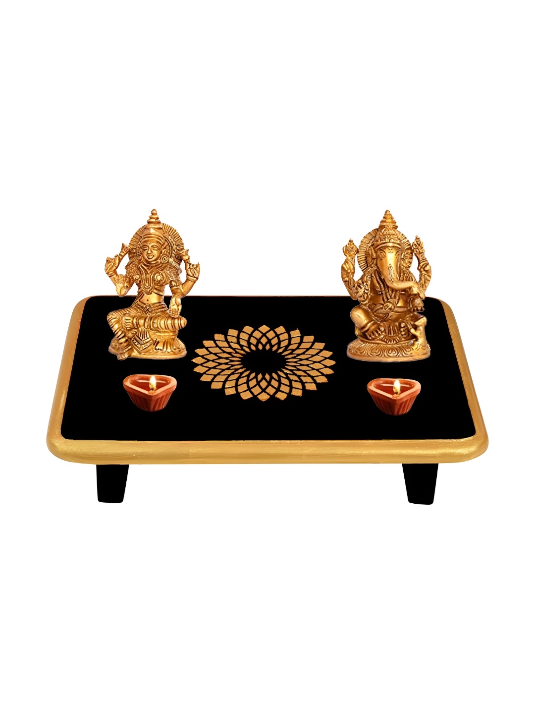 

Lal Haveli Black & Beige Floral Printed Rectangle Wooden Pooja Chowkie