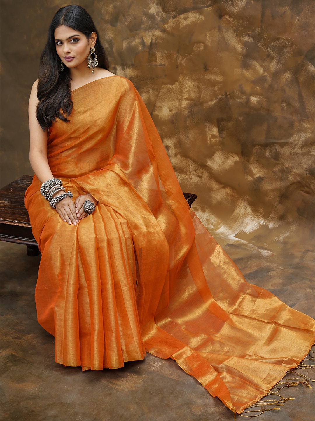 

TEEJH Art Silk Tissue Saree, Orange