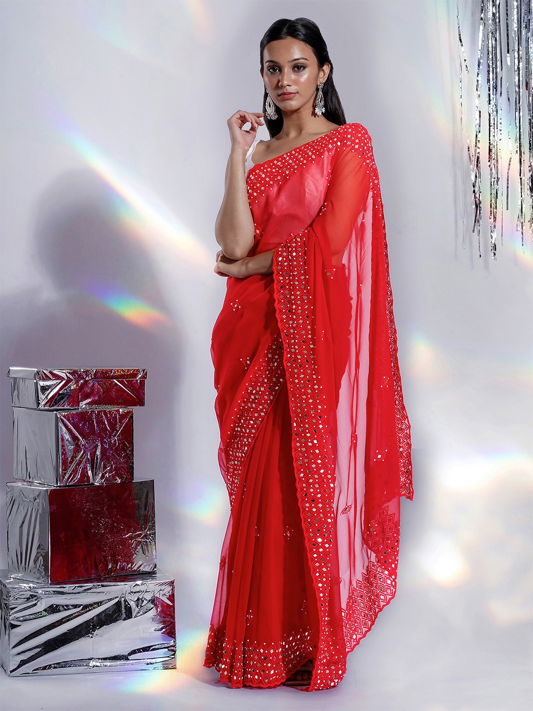 

TEEJH Red Sequinned Mirror Work Saree