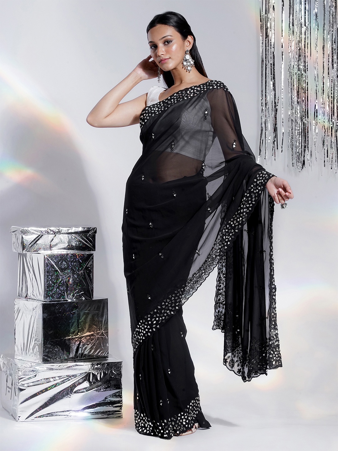 

TEEJH Black Sequinned Mirror Work Saree