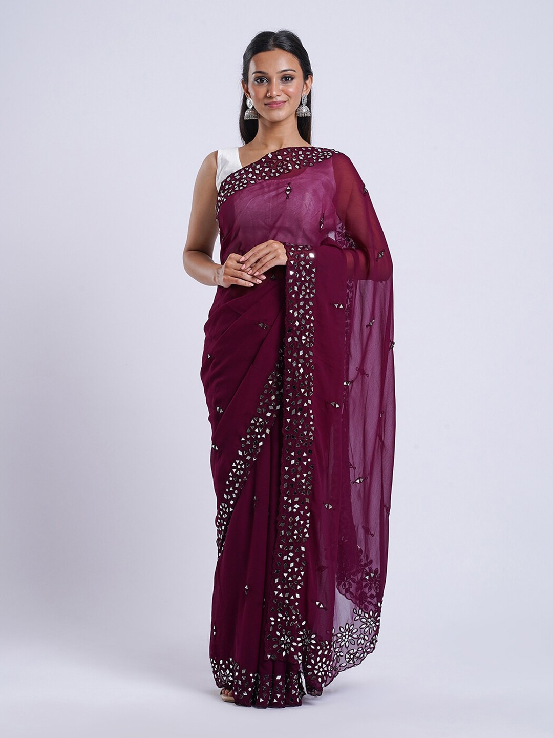 

TEEJH Geometric Sequinned Embellished Saree, Purple