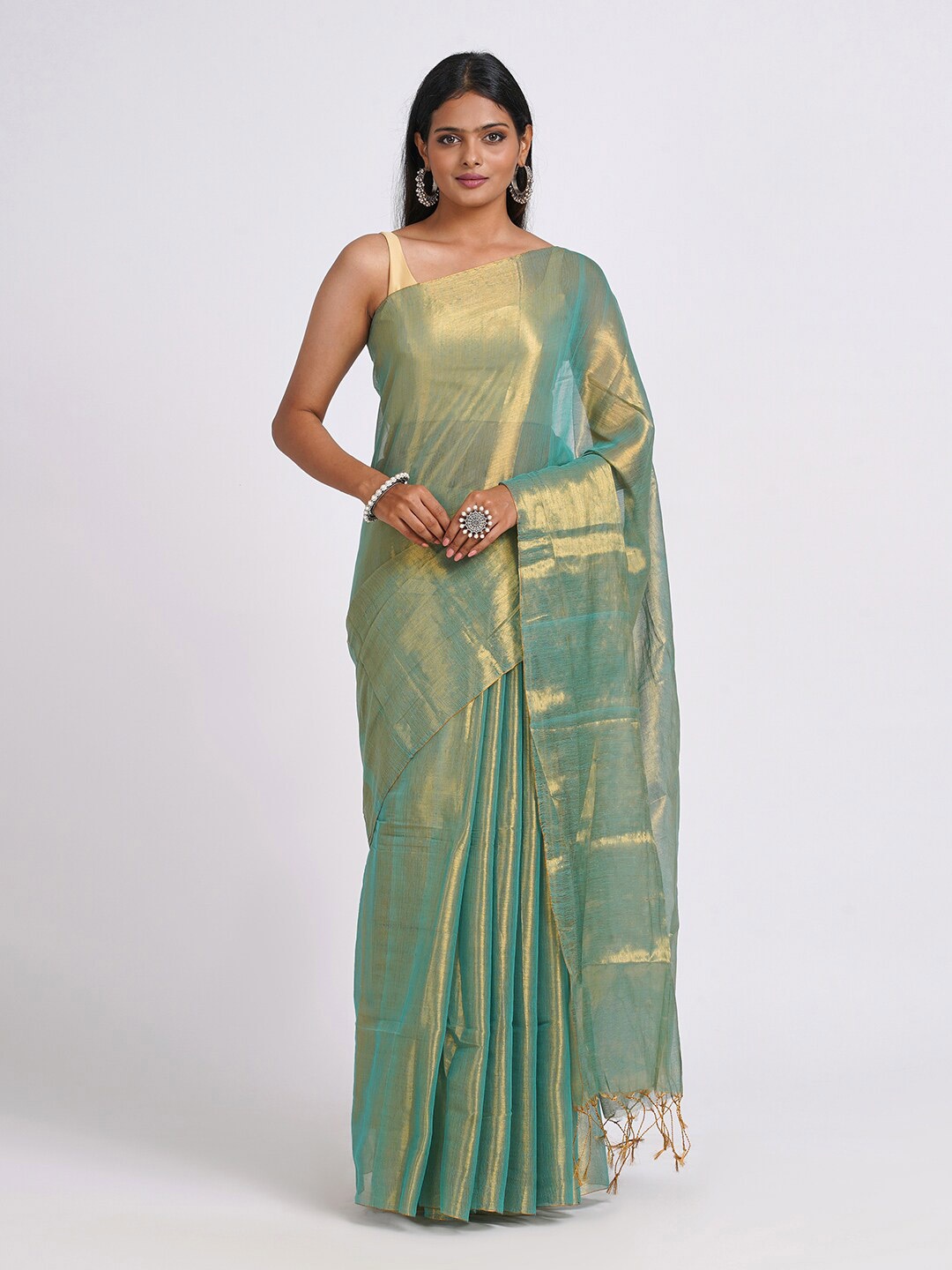 

TEEJH Zari Tissue Saree, Green