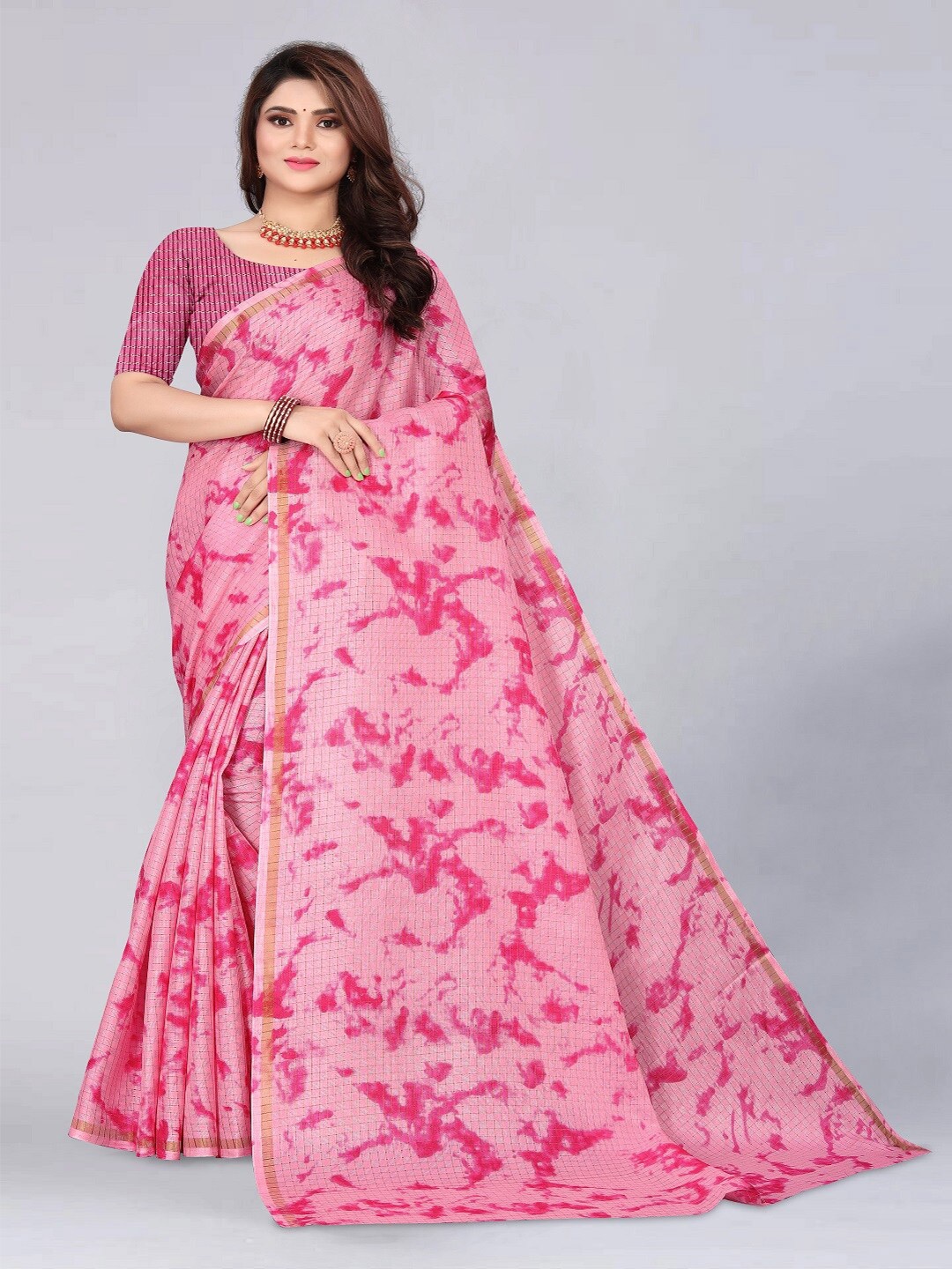 

faxofab Abstract Printed Zari Saree, Pink