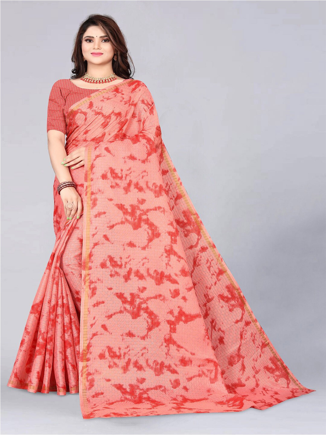 

faxofab Abstract Printed Zari Saree, Red