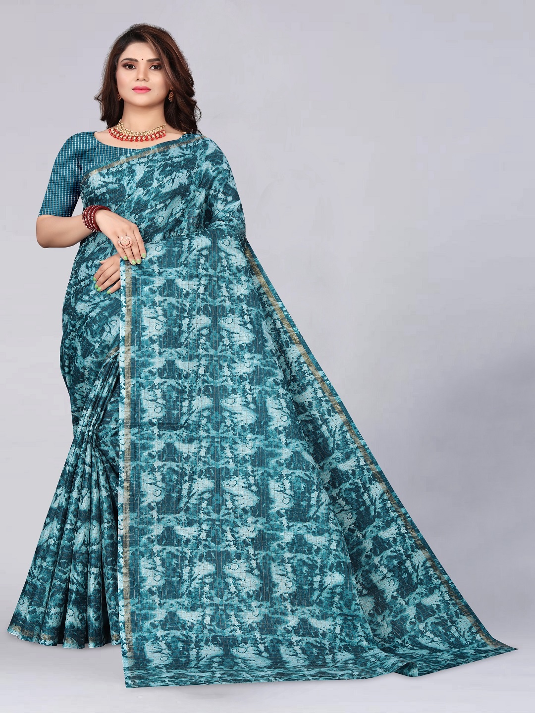 

faxofab Tie and Dye Zari Banarasi Saree, Teal