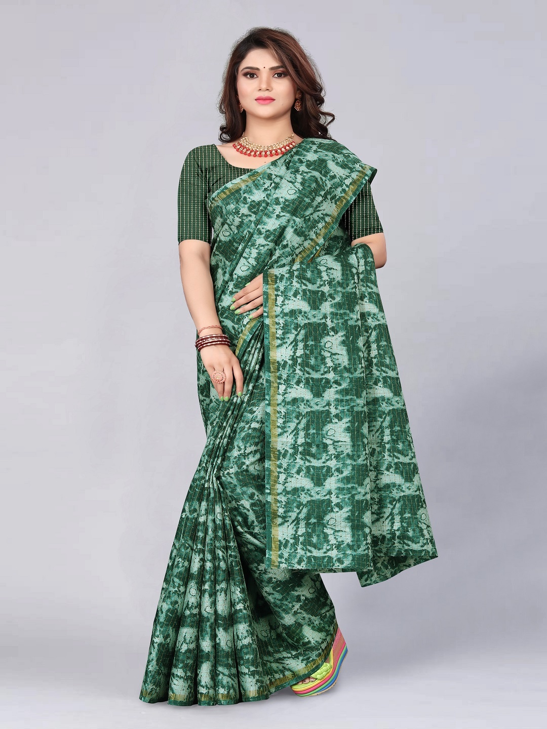 

faxofab Tie and Dye Checked Zari Banarasi Saree, Green
