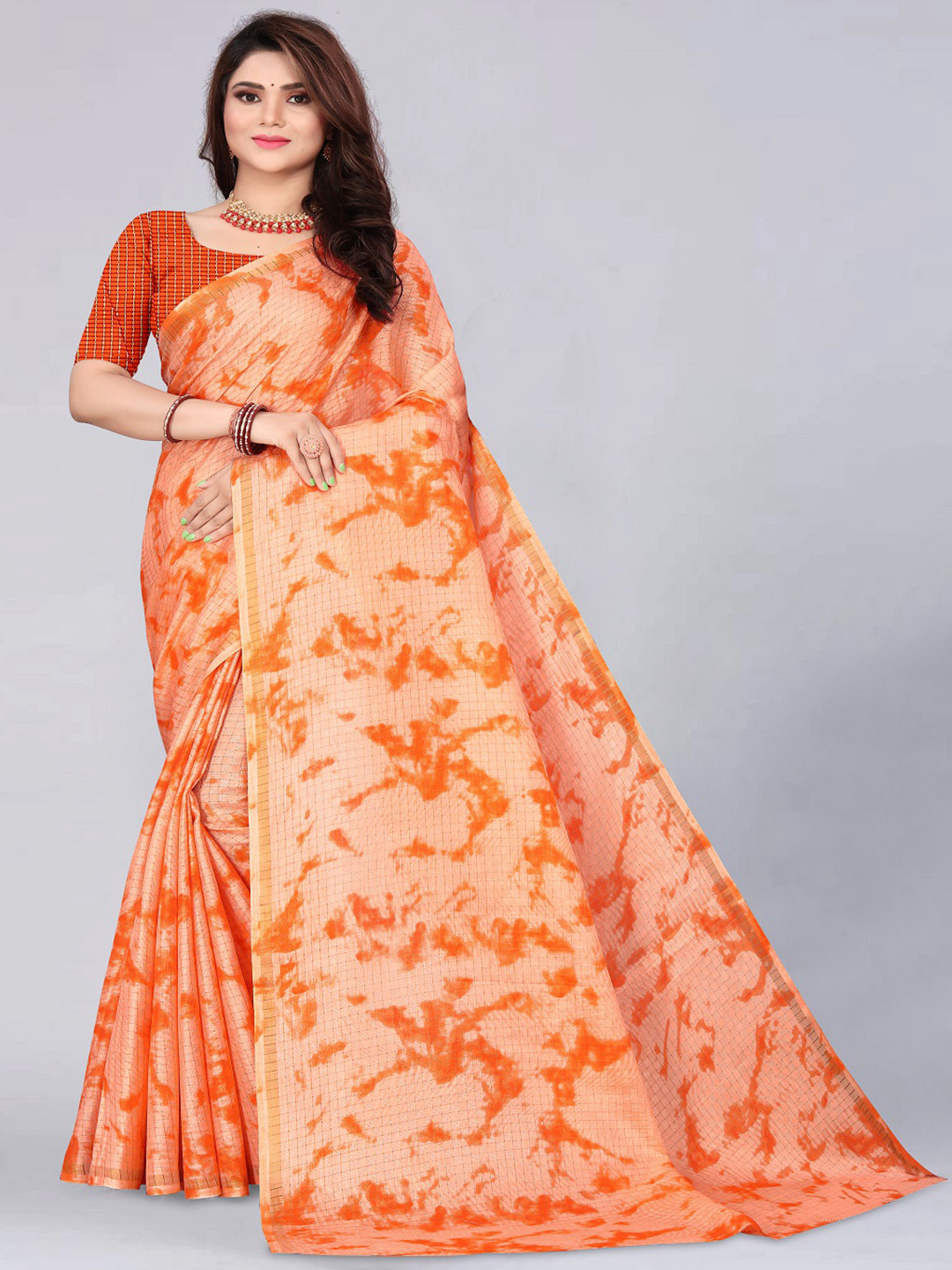 

faxofab Tie and Dye Checked Zari Banarasi Saree, Orange