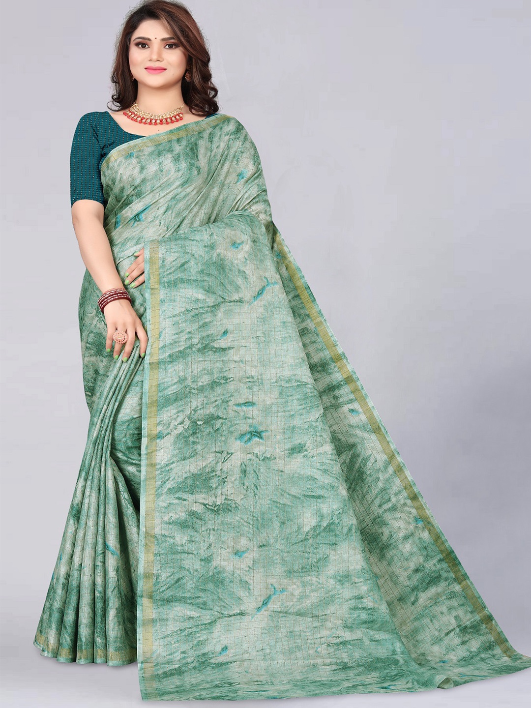 

faxofab Abstract Printed Zari Banarasi Saree, Green