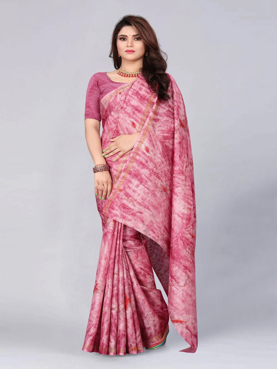 

faxofab Abstract Printed Zari Saree, Pink