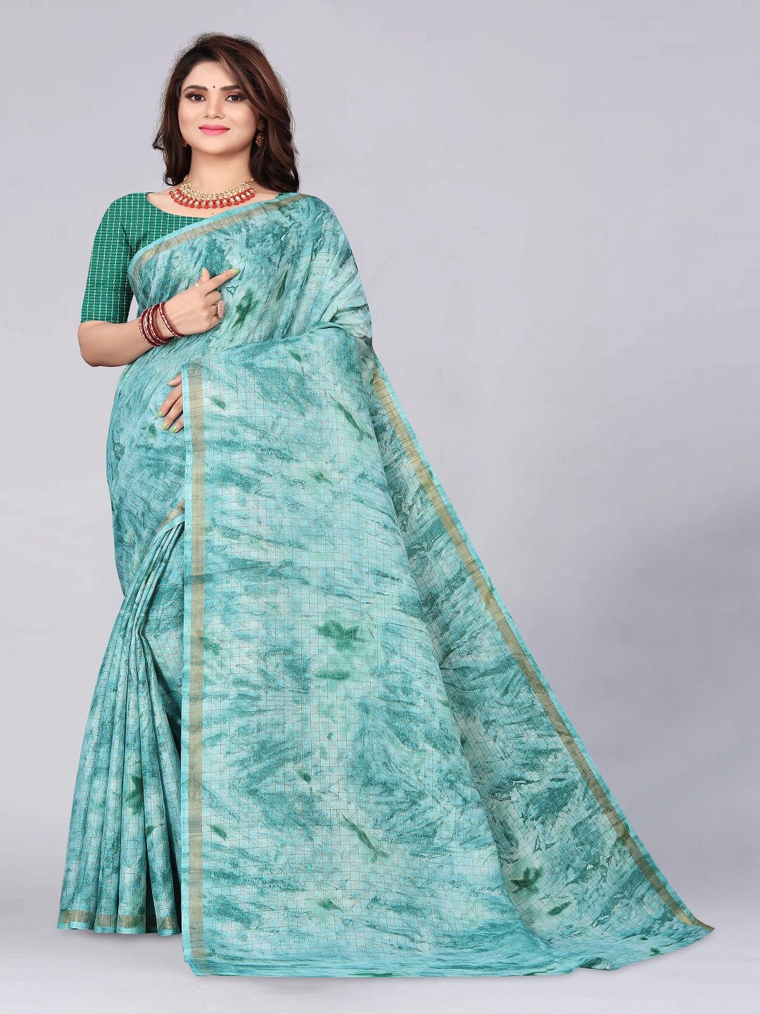 

faxofab Abstract Printed Zari Saree, Teal