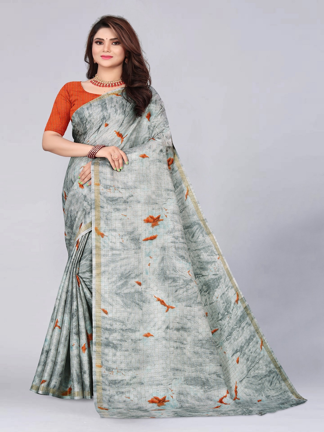 

faxofab Abstract Printed Zari Banarasi Saree, Grey