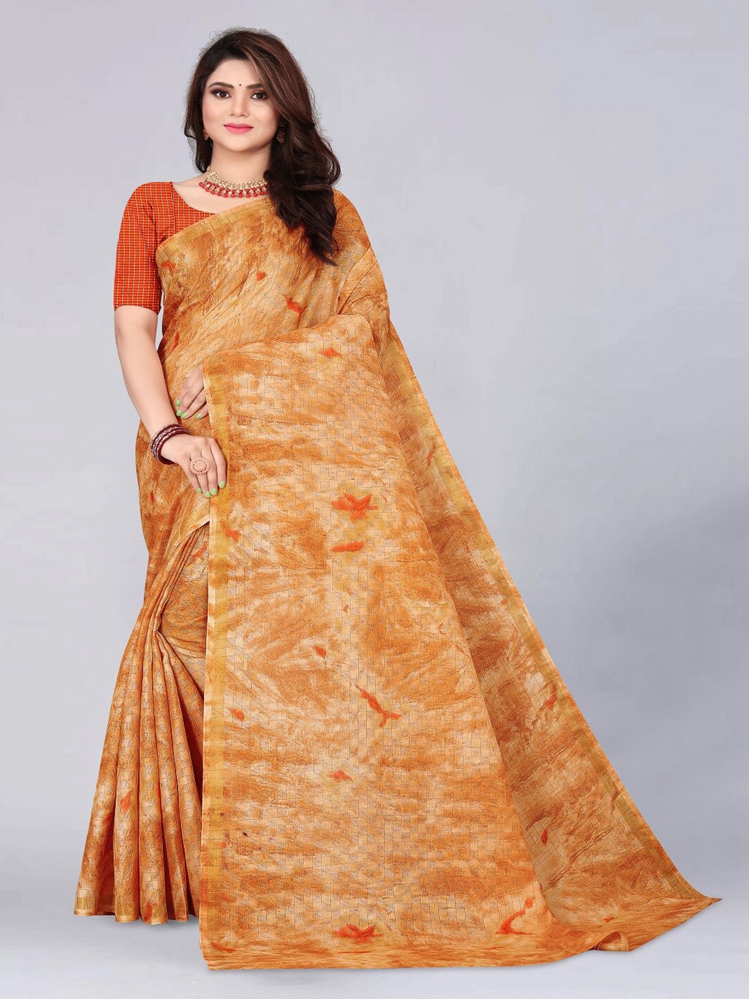 

faxofab Geometric Printed Zari Saree, Mustard
