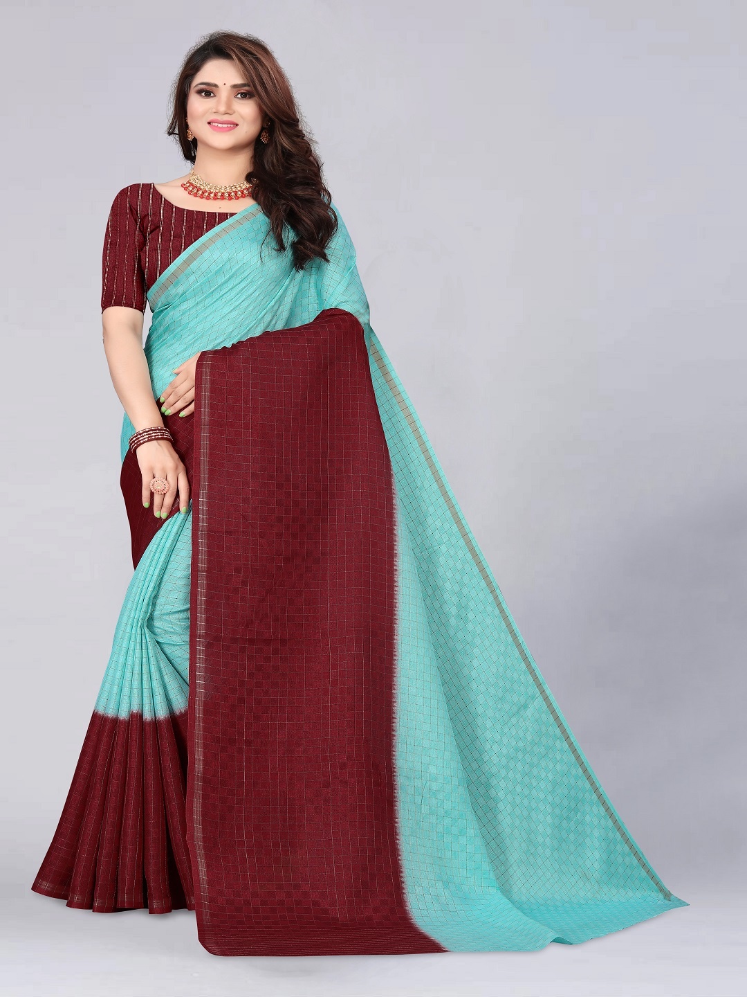 

faxofab Colourblocked Checked Zari Banarasi Saree, Blue