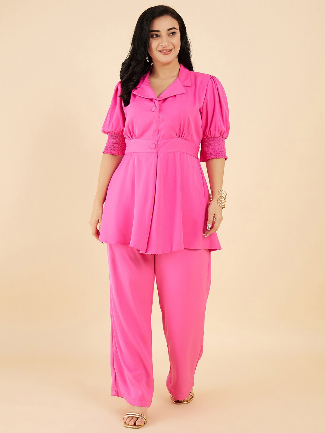

Antheaa Curve Plus Size Lapel Collar Top with Palazzos, Pink
