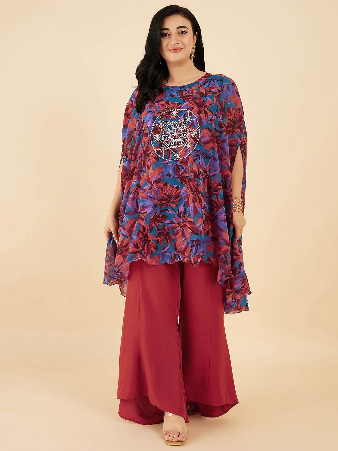 

Antheaa Curve Pure Cotton Floral Printed Thread work Tunic With Palazzos, Rust
