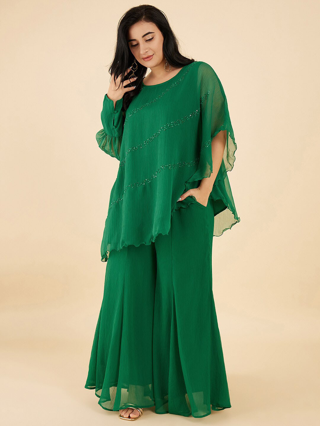 

Antheaa Curve Plus Size Embellished Top With Palazzo, Green