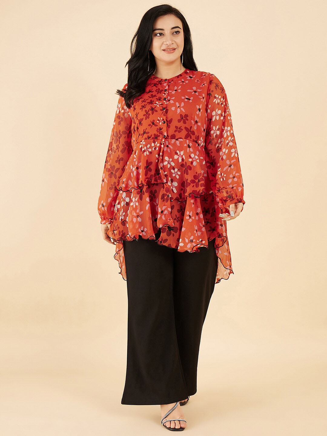 

Antheaa Curve Plus Size Printed Long Sleeves Tunic with Palazzos, Orange