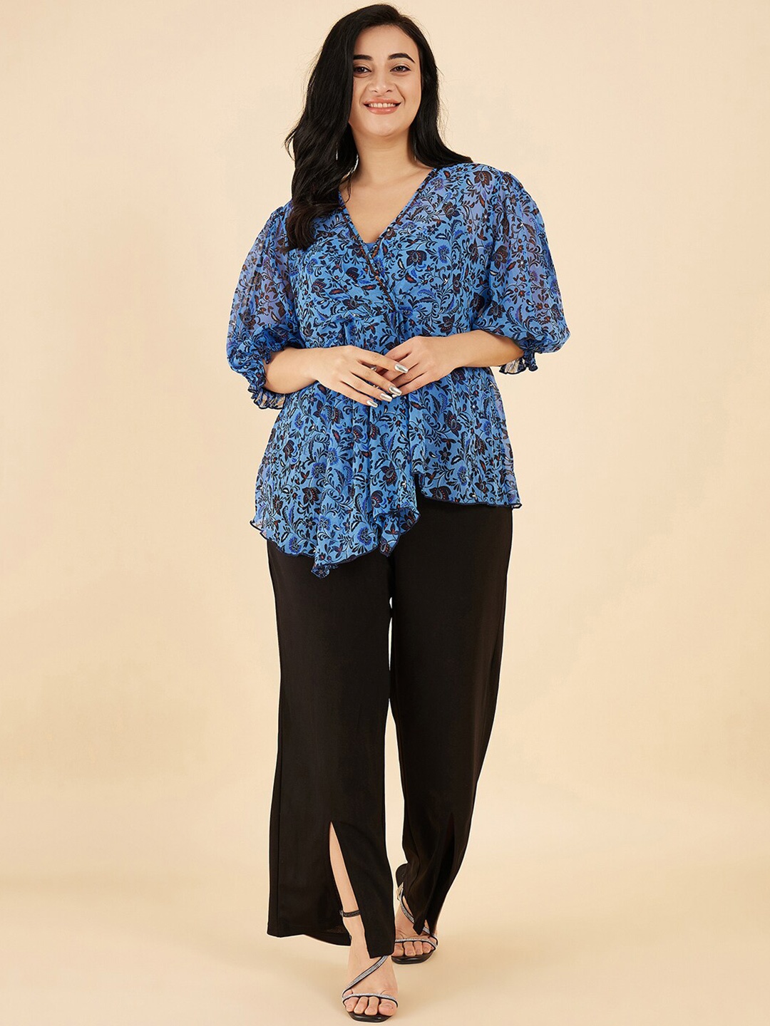 

Antheaa Curve Plus Size Printed V-Neck Top With Trouser, Blue