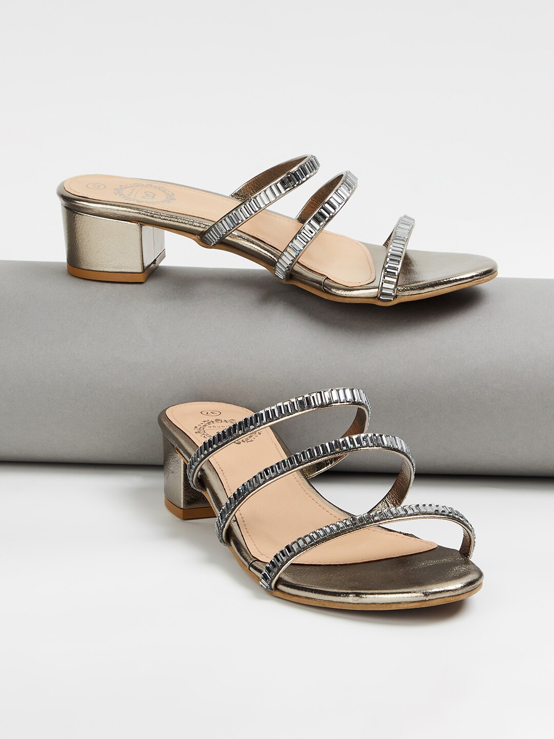 

Melange by Lifestyle Embellished Open Toe Black Heels, Grey