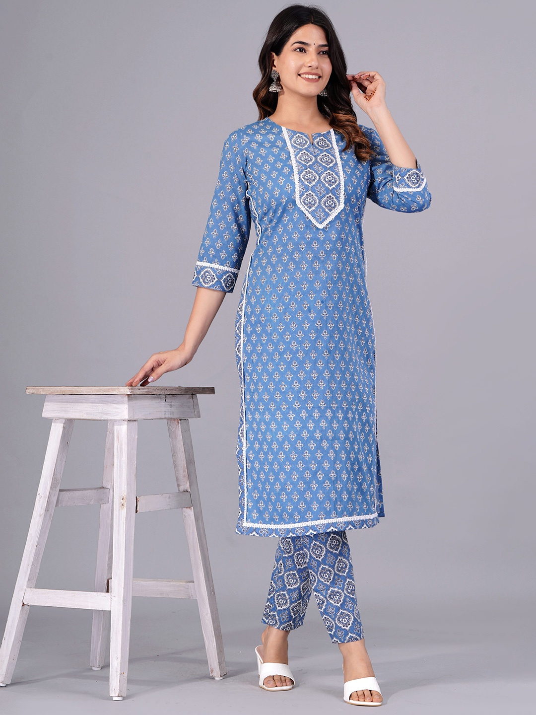 

KALINI Ethnic Motifs Printed Mirror Work Pure Cotton Kurta with Trousers, Blue