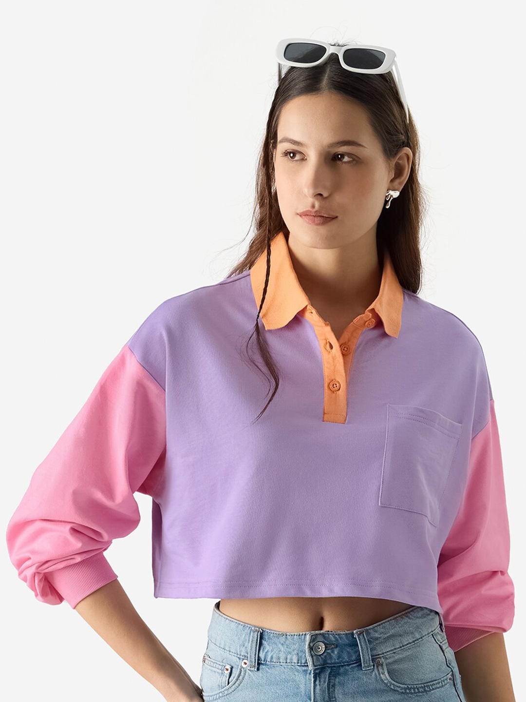 

The Souled Store Lavender Colourblocked Polo Collar Oversized Pure Cotton Crop T-shirt