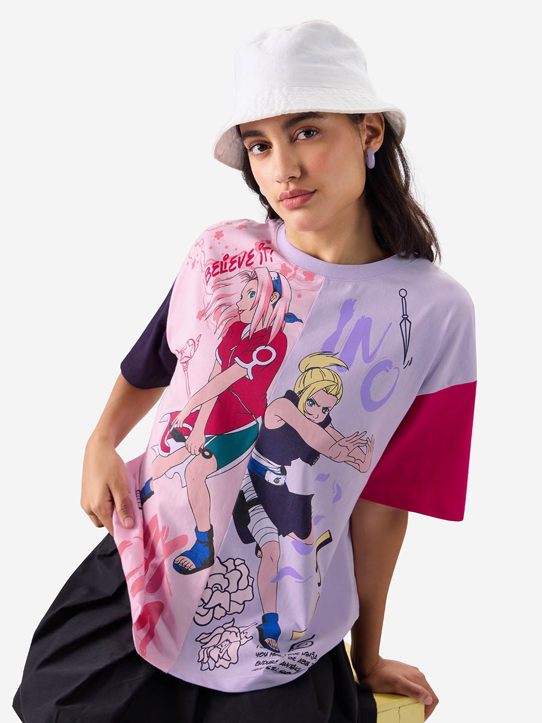 

The Souled Store Pink Naruto: Sakuro Printed Drop-Shoulder Oversized Pure Cotton T-shirt