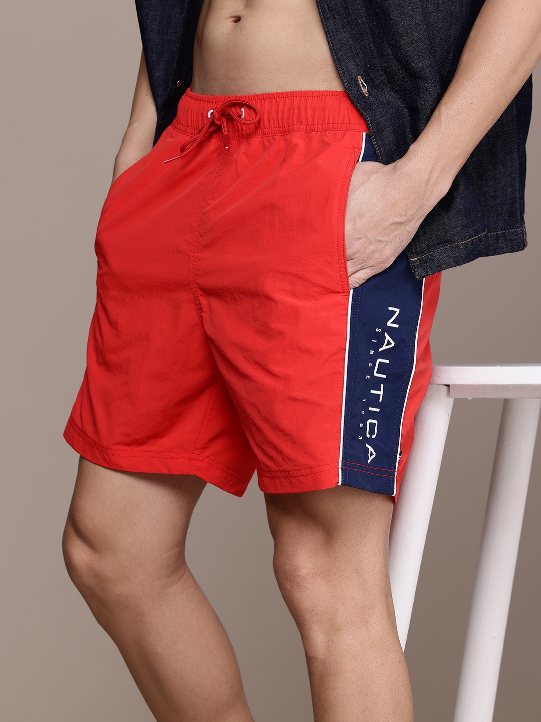 

Nautica Men Brand Logo Printed Detailed Swimming Shorts, Red