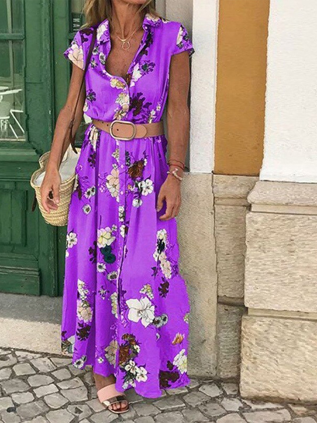 

StyleCast Purple Floral Printed Shirt Collar Maxi Dress