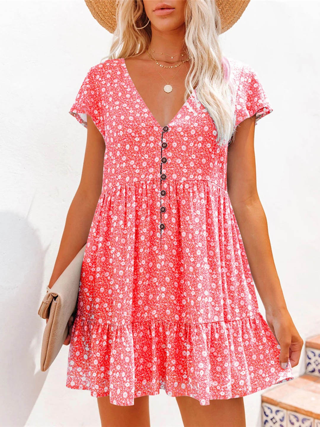 

StyleCast Women Red Floral Printed V-Neck Fit & Flare Mini Dress