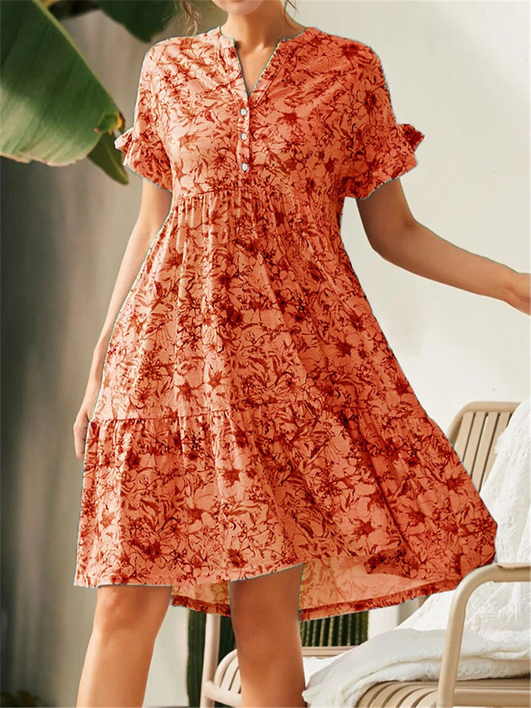 

StyleCast Brown Floral Printed Silk Tiered Fit and Flare Dress