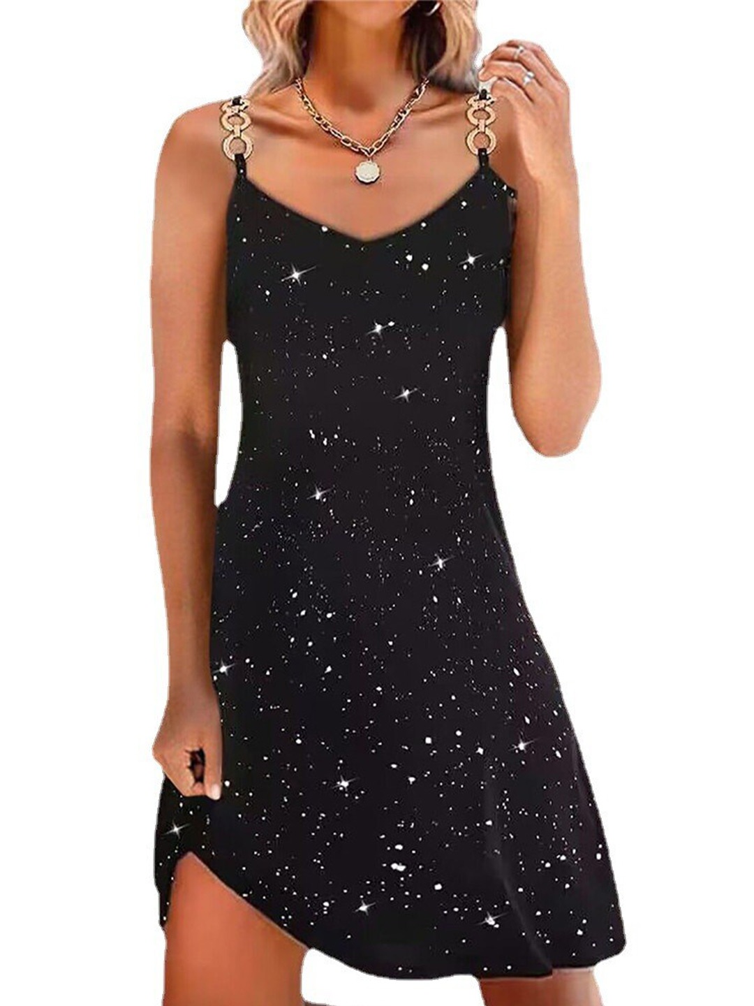 

StyleCast women Shoulder straps Embellished Print A-Line Dress, Black