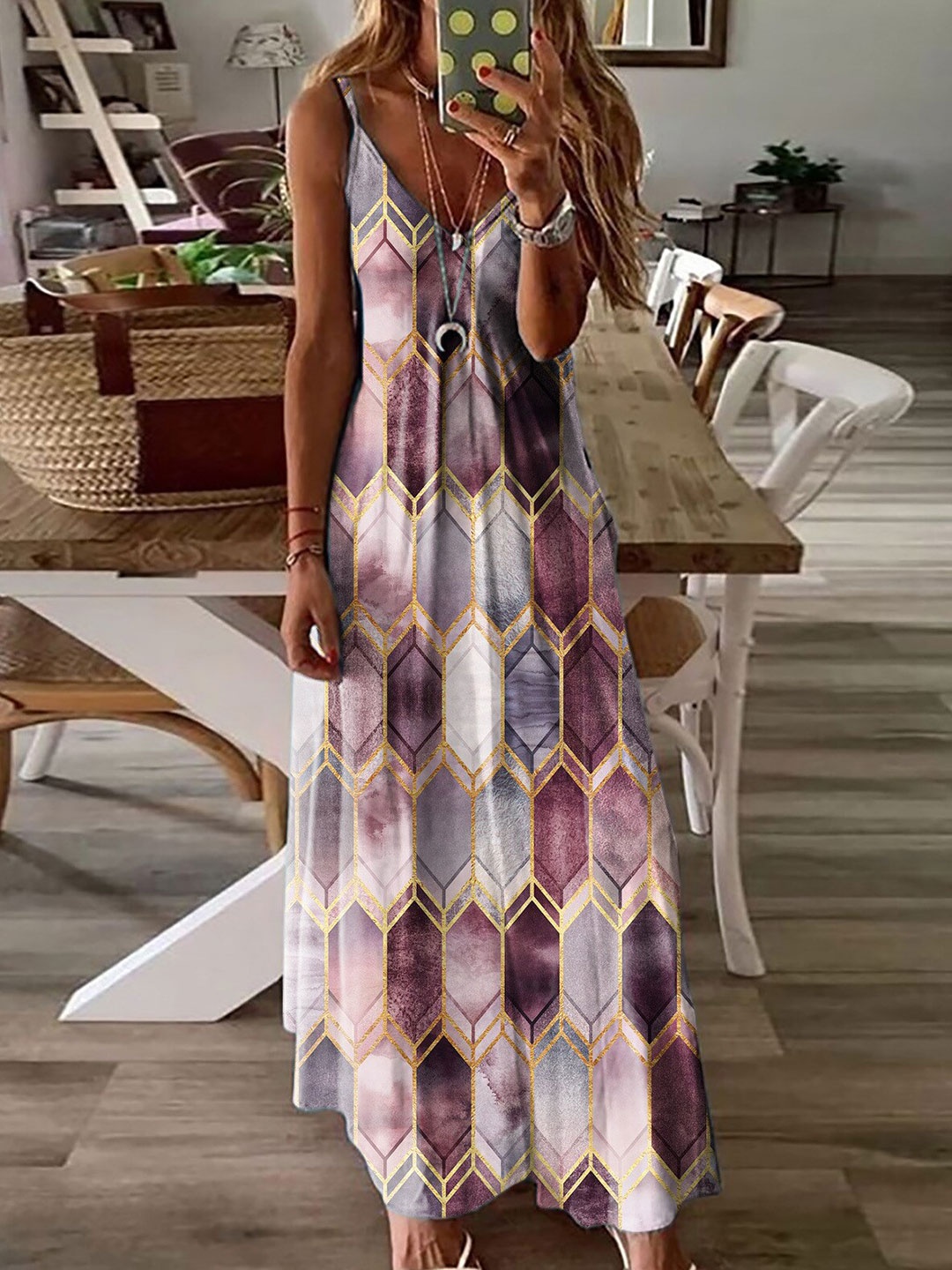 

StyleCast Purple Geometric Printed Shoulder Straps Maxi Dress