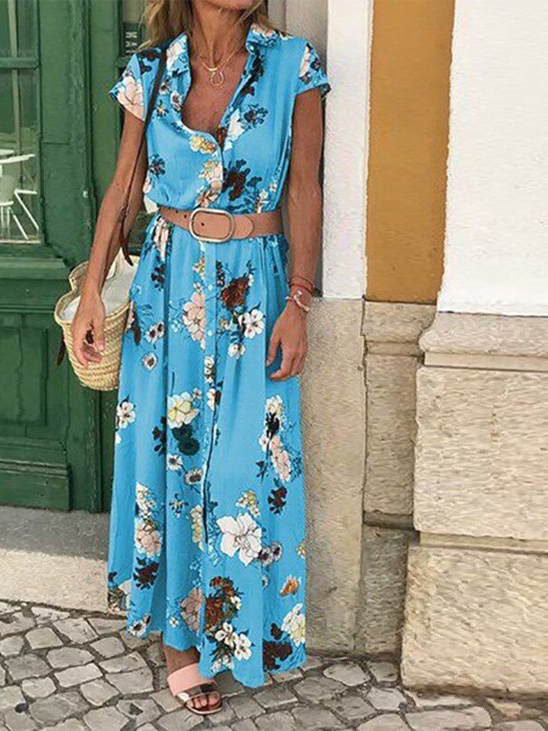 

StyleCast Blue Floral Print Shirt Collar Maxi Dress