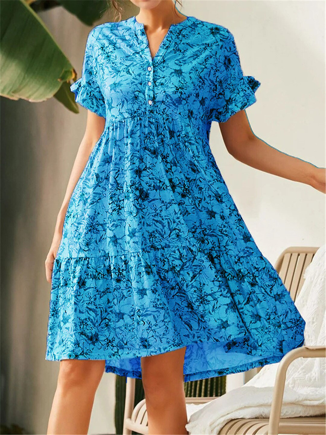 

StyleCast Blue Floral Printed A-Line Silk Dress