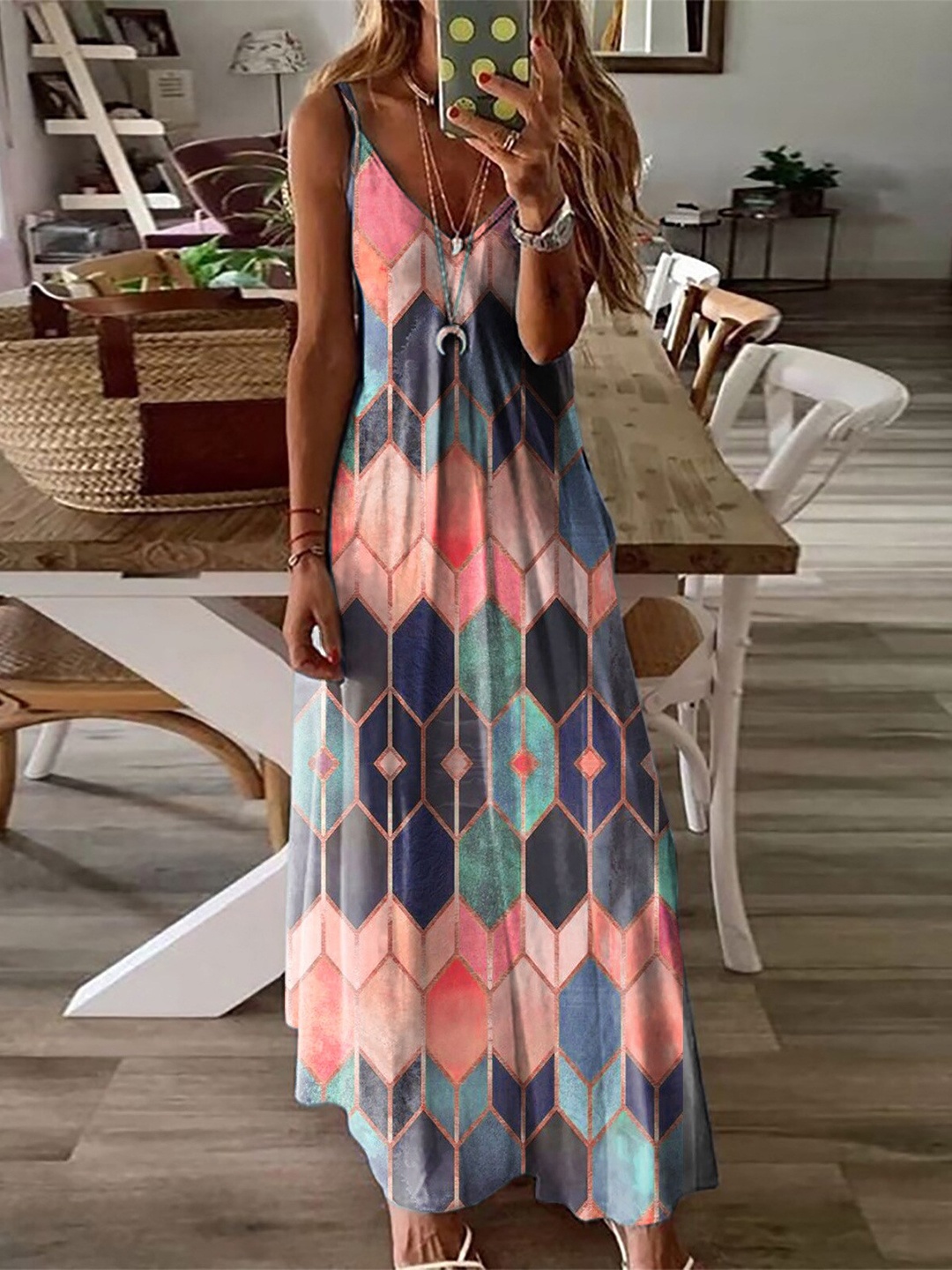 

StyleCast Pink & Blue Geometric Printed Shoulder Straps Maxi Dress