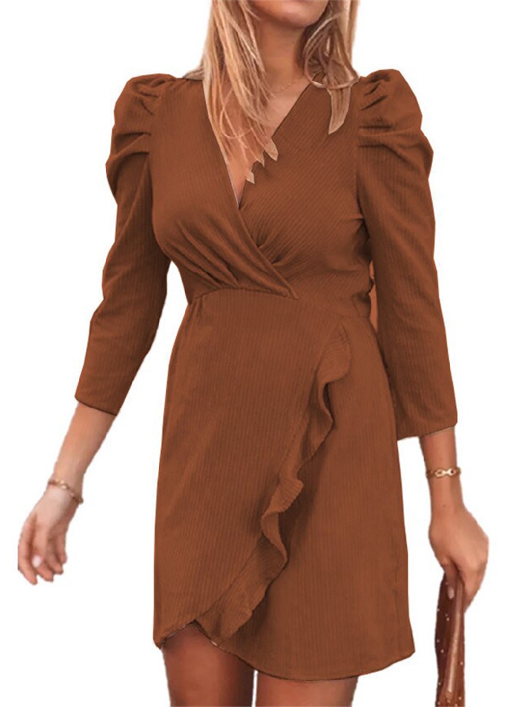 

StyleCast Brown V-Neck Puff Sleeves Ruffles Detail Sheath Dress