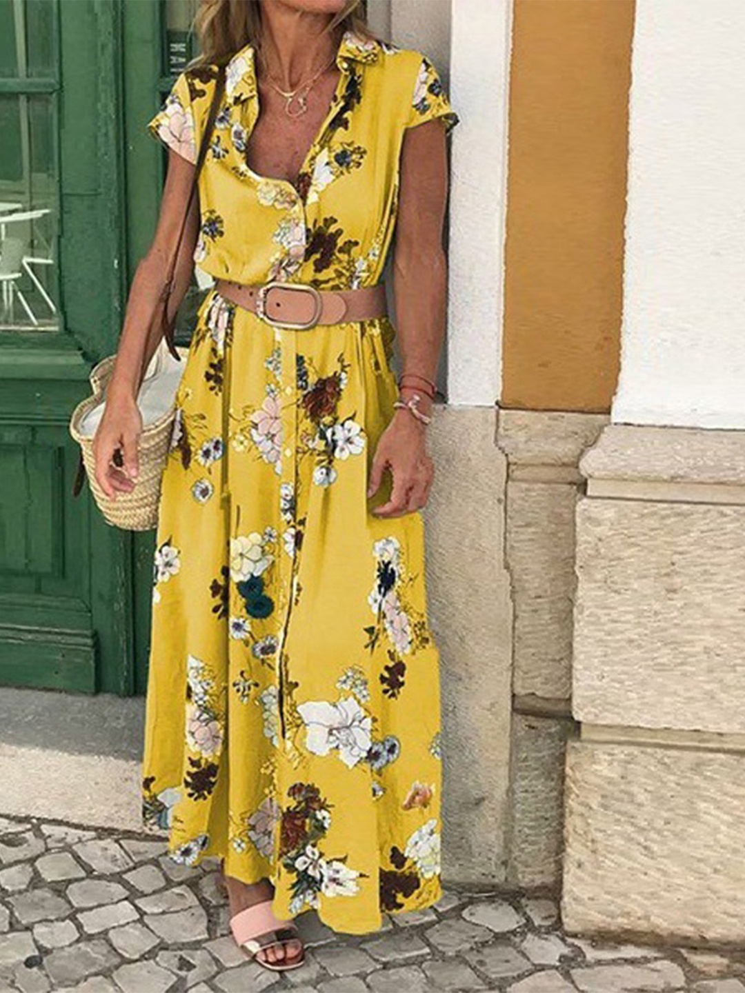 

StyleCast women V-neck Short Sleeves Cotton Floral Print Maxi Dress, Yellow