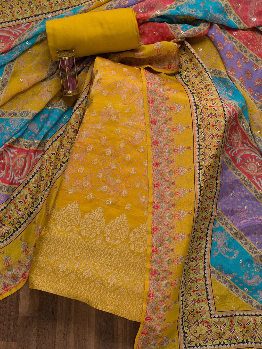 

Koskii Floral Embroidered Zari Satin Unstitched Dress Material, Mustard