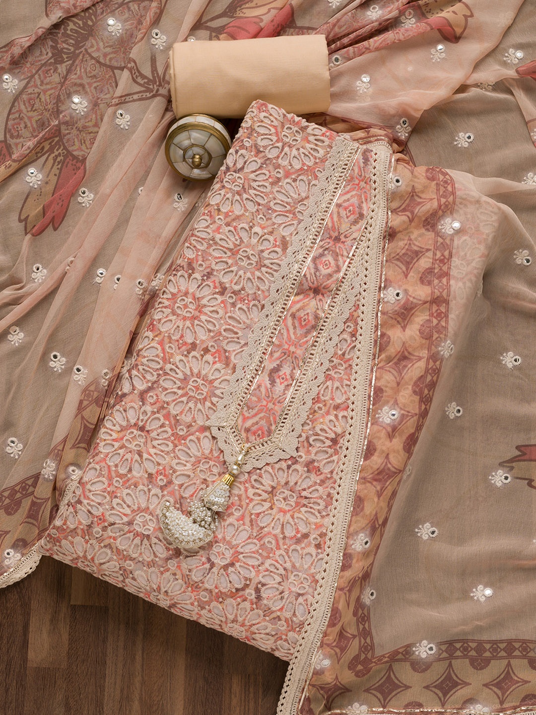

Koskii Floral Embroidered Pure Cotton Unstitched Dress Material, Peach