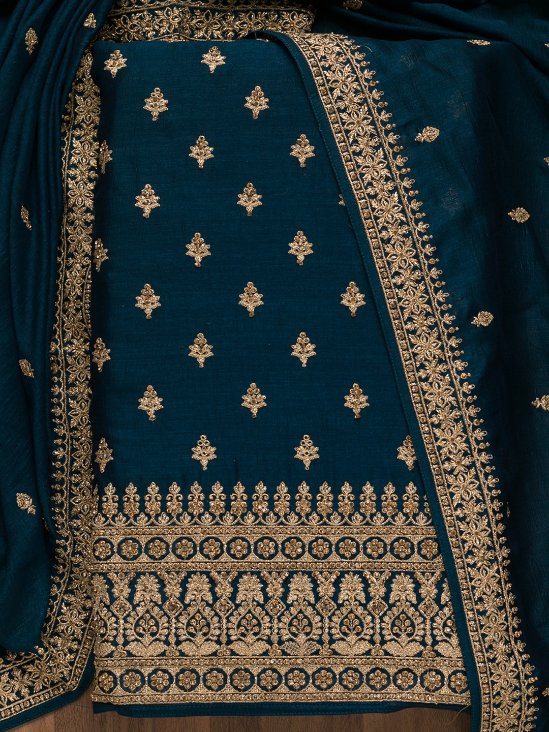 

Koskii Floral Embroidered Beads and Stones Unstitched Dress Material, Blue