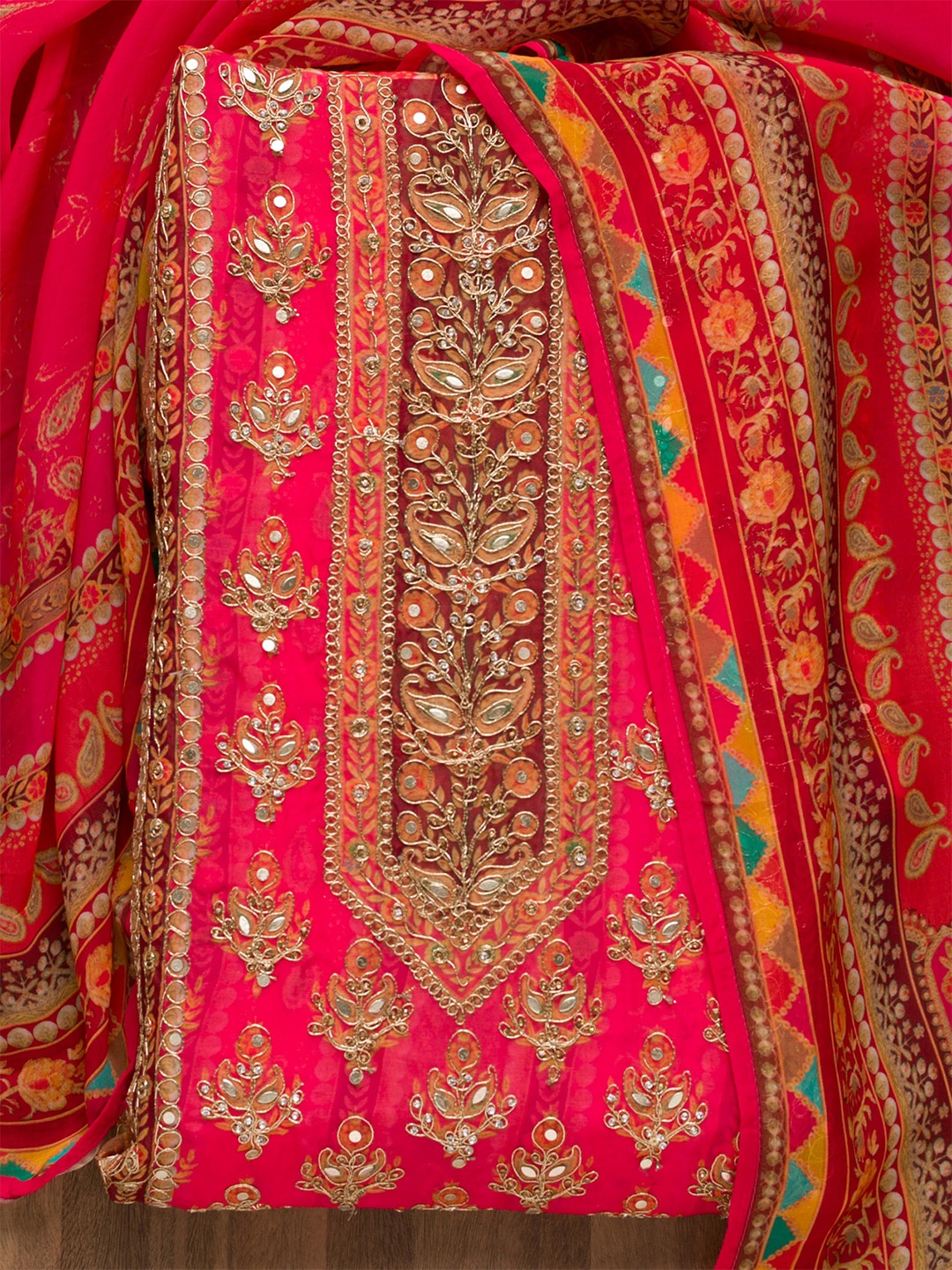 

Koskii Pink & Brown Embroidered Beads & Stones Unstitched Dress Material