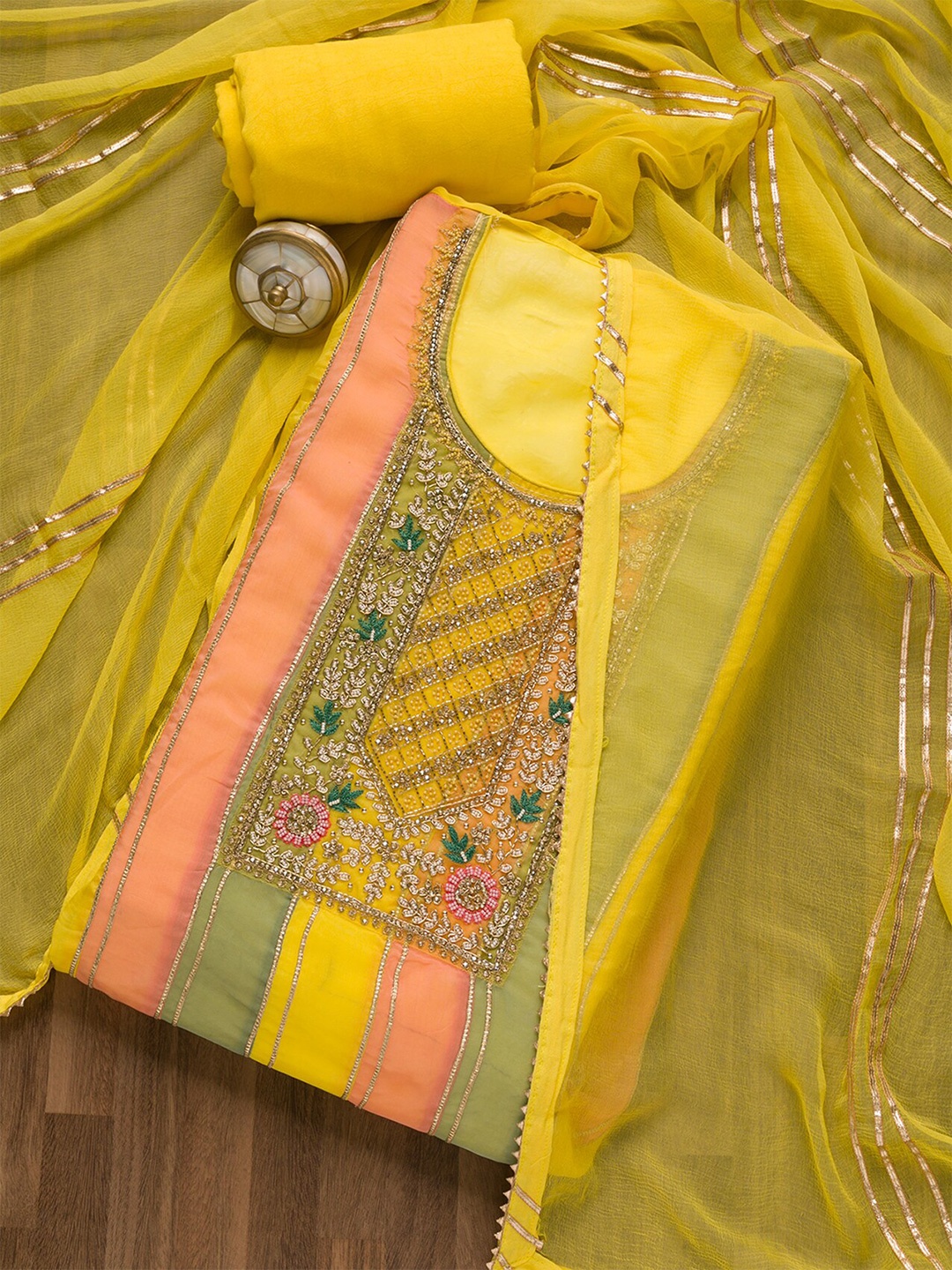 

Koskii Striped Beads & Stones Detailed Unstitched Dress Material, Yellow