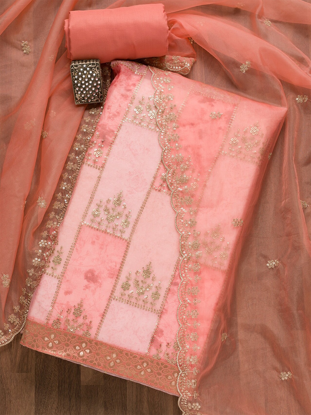 

Koskii Ethnic Motifs Embroidered Sequined Organza Unstitched Dress Material, Peach
