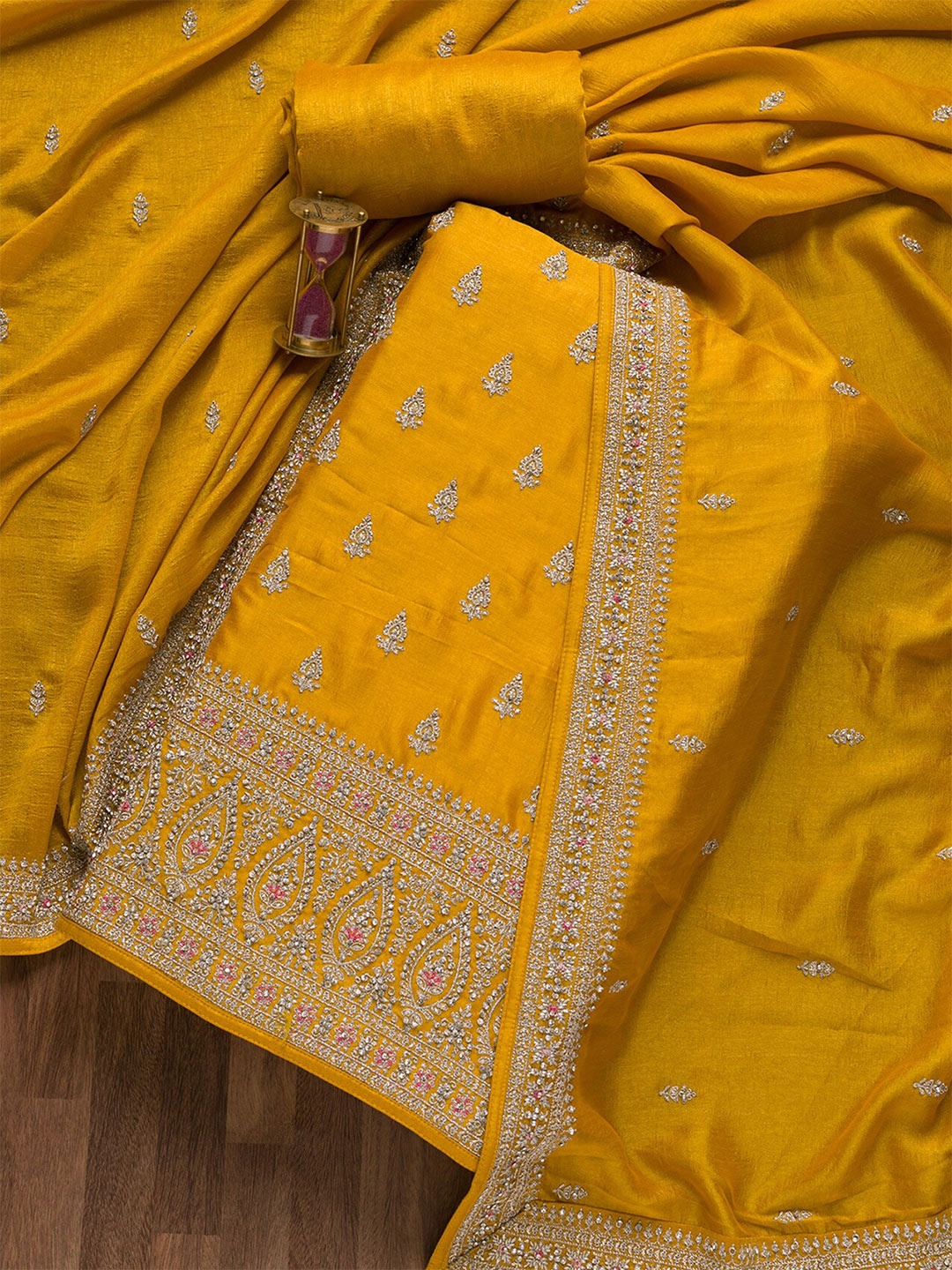

Koskii Floral Embroidered Unstitched Dress Material, Mustard