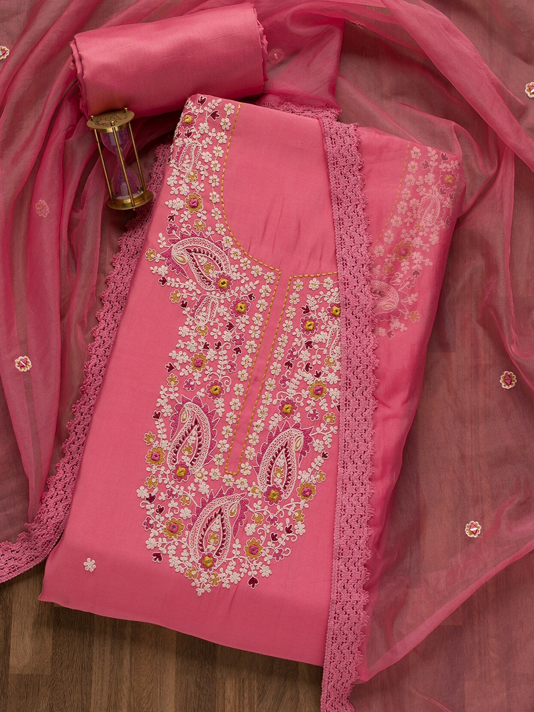 

Koskii Floral Embroidered Pure Cotton Unstitched Dress Material, Pink