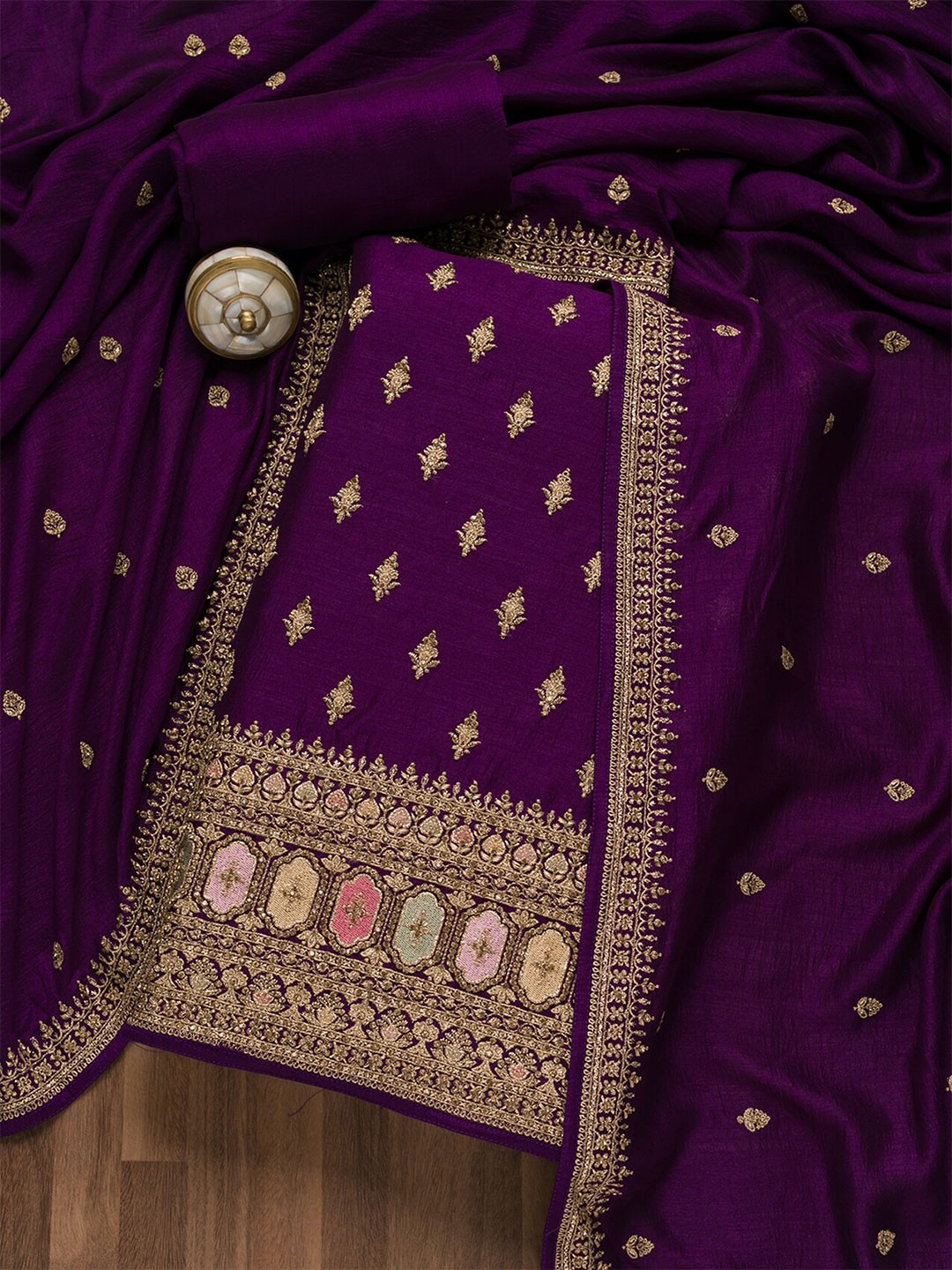

Koskii Ethnic Motifs Embroidered Unstitched Dress Material, Purple